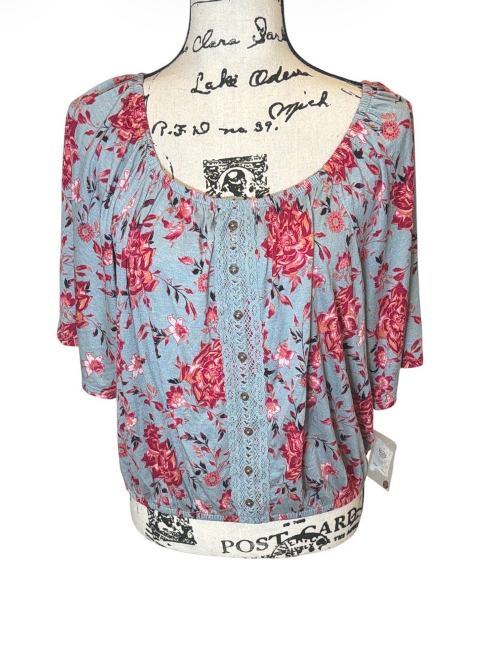 Mudd Women’s Blue Floral Button Front Blouse Lace Trim Size L